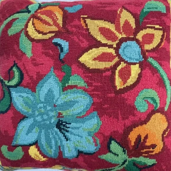 Vintage Needlepoint 15 Inch Pillow Retro Pink Red Black Flowers Velvet Colorful - Picture 2 of 6